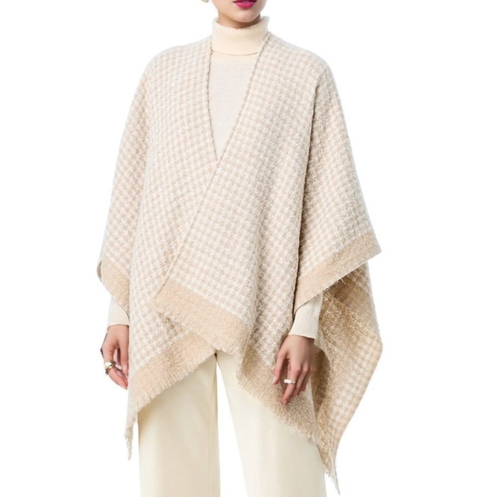 Aqua Women Scarf OS Ivory/Taupe Houndstooth Ruana Fringed Soft Winter Wrap NWT
